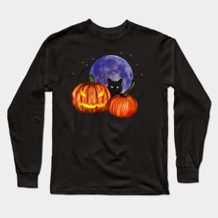 Halloween Black Cat Orange Pumpkins Art Long Sleeve T-Shirt